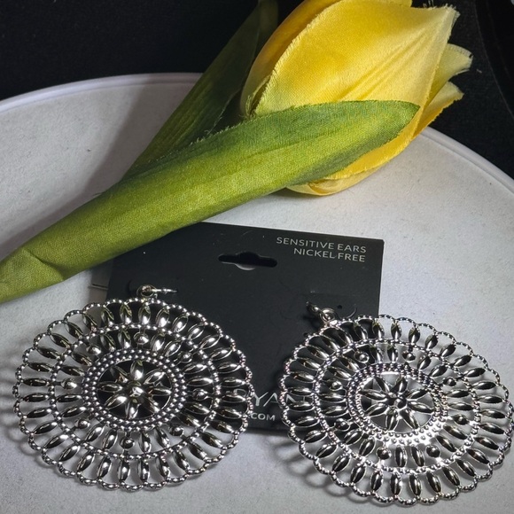 Lane Bryant Silver Tone Dangling Filigree Hoop Statement Earrings 2.5 inch - Picture 1 of 7
